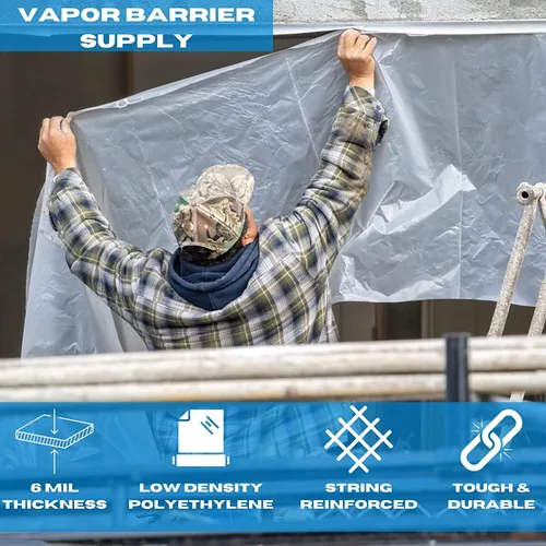 Vista 2 de VBS - Lámina de plástico transparente reforzada con cuerda - 6 mil - (10 x 100 pies) - Rollo de plástico transparente para barrera de pulverización