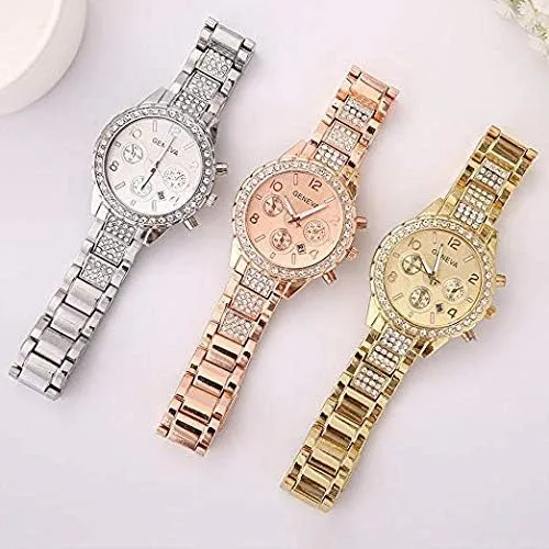 Vista 5 de MASTOP Reloj unisex de lujo con calendario de cuarzo de cristal dorado plateado y acero inoxidable