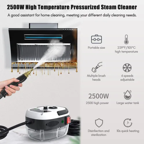Vista 3 de Limpiador de vapor portátil de mano, máquina de limpieza de vapor a presión (rojo) Alta temperatura presurizada con cabezales de cepillo