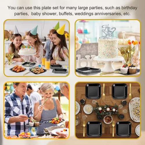 Vista 6 de Dandat 100 platos pequeños de papel negro de 7 pulgadas, platos cuadrados desechables para tartas con tenedores de postre de plástico, vajilla