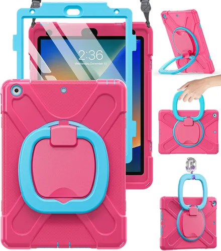 Vista 8 de BRAECN Funda para iPad de 9ª/8ª/7ª generación, resistente funda de silicona apta para niños con soporte plegable/asa para lápices, correa de hombro