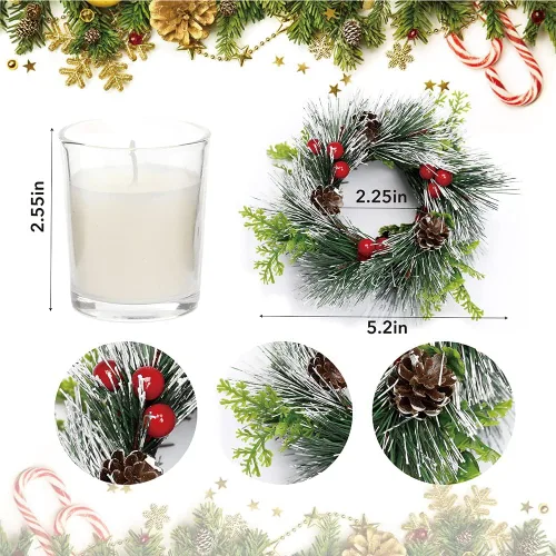 Vista 3 de Anillo de Vela de Navidad, 4 Piezas Velas Votivas con Bayas Rojas y Piña, Anillo de Vela de Navidad para Decoración de Centro de Mesa de Boda