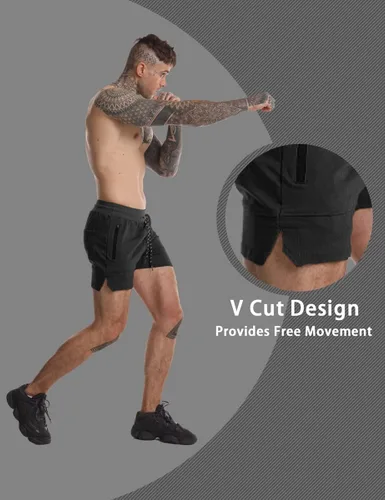 Vista 6 de GYMBULLFIGHT Pantalones cortos de entrenamiento para hombre, ligeros, para gimnasio, culturismo, con bolsillos con cremallera