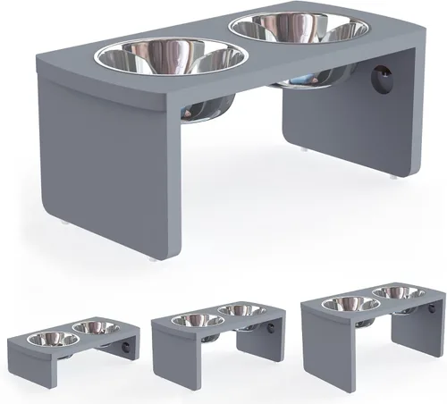 Vista 9 de Cuencos elevados para perros, cuenco elevado de bambú para perros y gatos pequeños, con 2 cuencos de acero inoxidable