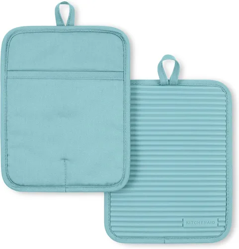 Vista 19 de KitchenAid - Juego de 2 agarraderas de silicona suave y acanalada, impermeables, terciopelo azul