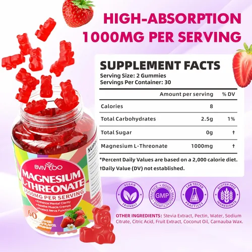 Vista 2 de Gomitas de magnesio L-treonato de 1000mg para niños y adultos - Apoyo para el sistema muscular y nervioso, veganas, sin azúcar sabor fresa, 60