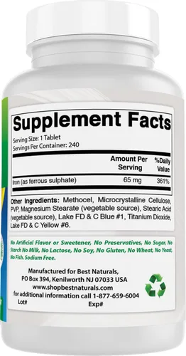 Vista 6 de Best Naturals Suplemento de hierro - 65 mg - 240 tabletas - Sin OMG y sin gluten