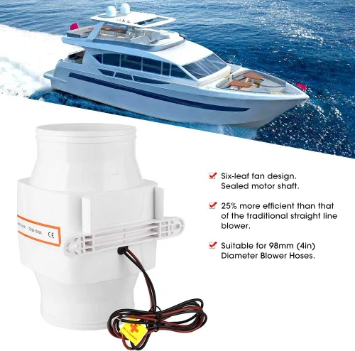 Vista 6 de Ventilador de soplador impermeable, soplador de 12 V, soplador de aire de sentina marina, soplador de aire en línea de 4 pulgadas, ventilador