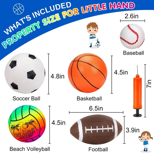 Vista 7 de 5 Pack Set de pelotas deportivas para niños con bolsa, juguetes al aire libre para niños de 1 a 3 años, fútbol, baloncesto, béisbol, voleibol