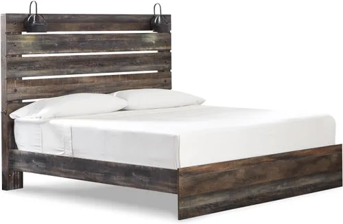 Vista 21 de Signature Design by Ashley Drystan - Cama de plataforma con panel rústica tamaño Queen con 2 cajones de almacenamiento, cubículos abiertos, luces