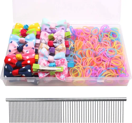 Vista 14 de YOY 20 adorables lazos para el pelo de perro con clips y 1000 bandas de goma y 1 peine de acero para peluquería, nudo superior de cachorro, moño