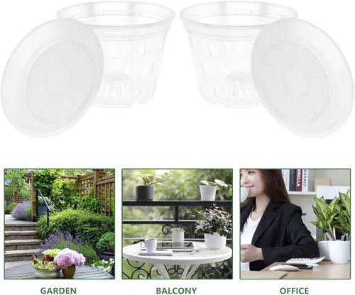 Vista 4 de 2 Sets Plastic Orchid Pots with Tray, Breathable Root Control Drainage-friendly Design, Humid Warm Microclimate Support, for Flowers and Crops