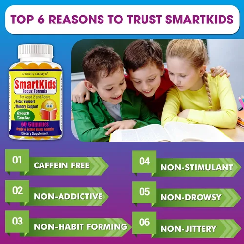 Vista 5 de SmartKids - Gomitas de refuerzo cerebral para niños y adolescentes, suplemento cerebral, vitaminas en gomitas para niños con enfoque cerebral, DHA