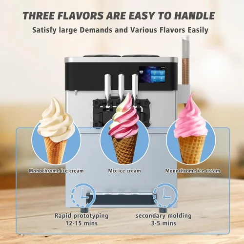 Vista 4 de Máquina comercial para hacer helados, 110 V, 2200 W, 3 sabores para encimera, suave, 5,3 a 7,4 galones/H, preenfriamiento, pantalla táctil LCD