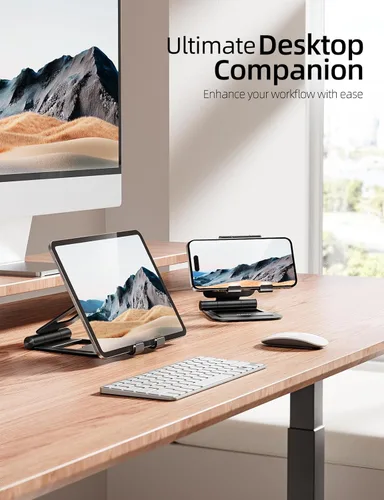 Vista 5 de Nulaxy Soporte plegable doble de aluminio para iPad, soporte para tablet de escritorio totalmente ajustable, accesorios para tableta de oficina