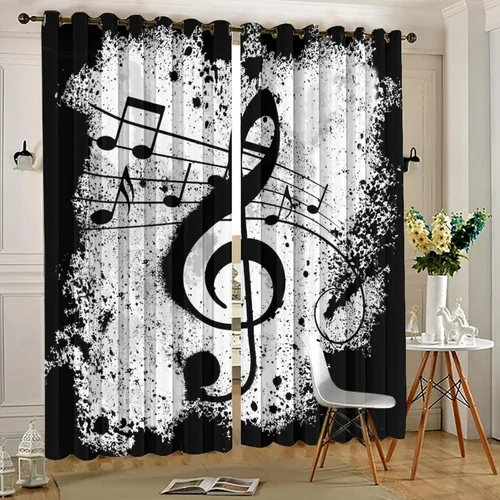 Vista 5 de Cortinas opacas de oscurecimiento de habitación con ojales, diseño rústico de símbolos musicales blancos y negros, tratamiento de ventana
