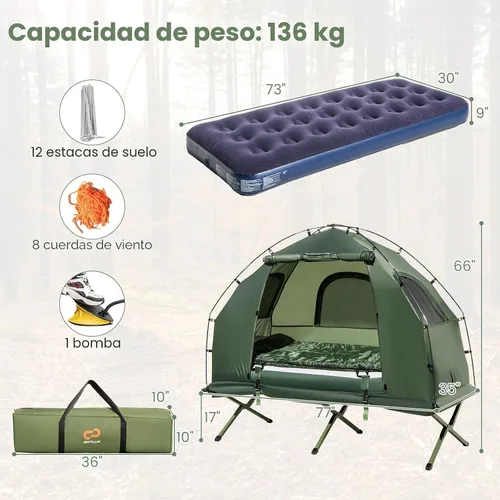 Vista 8 de Goplus Catre de Tienda de Campaña, Cama Plegable 5 en 1 con Colchón de Aire, Almohada, Saco de Dormir, Refugio de Tienda Elevado Impermeable, Catre