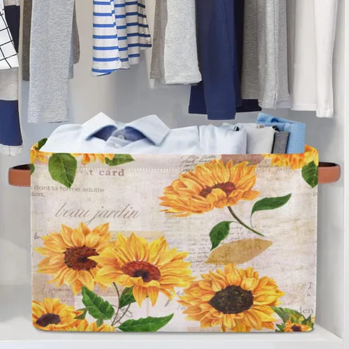 Vista 5 de Cesta de almacenamiento de flores y girasoles, organizador plegable grande para estantes, cubos de lona resistentes con asas para juguetes, armario
