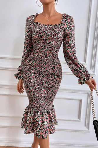 Vista 2 de PRETTYGARDEN Vestido midi ajustado floral de manga larga abombada para mujer, cuello cuadrado, volantes, vestido fruncido de sirena