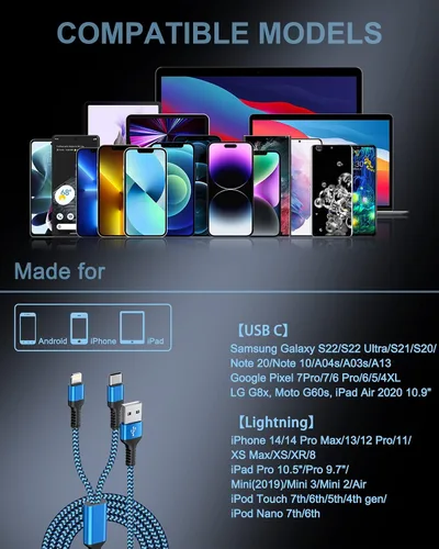 Vista 7 de MultIi - Cable de carga USB C y Lightning 2 en 1, cable de carga USB trenzado de nailon de 4 pies con puerto tipo C/Lightning para iPhone 17, 16