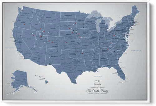 Vista 8 de Blue USA Map Poster with Pins – Cool Tone Personalized United States Travel Map Canvas – Large 24" x 36