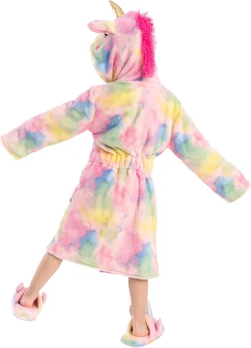 Vista 3 de Albornoz de unicornio con capucha para los ojos, bolsa, pantuflas y diadema