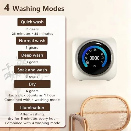 Vista 3 de Mini lavadora y secadora portátil 2 en 1, lavadora de carga frontal totalmente automática de 3.5 litros con control LCD para ropa pequeña, ropa