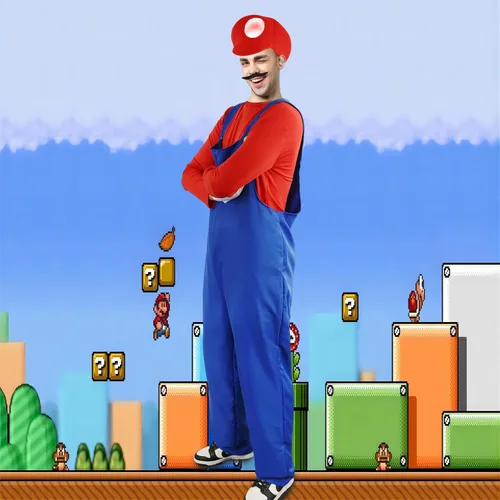 Vista 5 de Vermeyen Disfraz de Super Brothers para niños y adultos, traje de fontanero con sombrero, bigote, guantes, accesorio para disfraz de Halloween