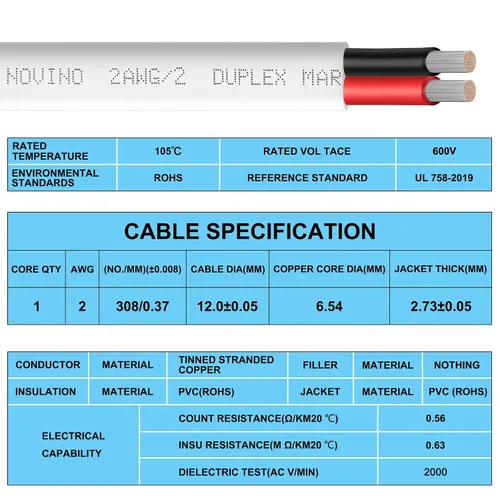 Vista 5 de Cable marino de calibre 2, cable dúplex de grado marino, cable eléctrico de cobre estañado de 2 AWG 5 pies para uso al aire libre en barcos