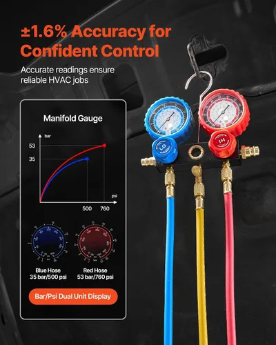 Vista 6 de VEVOR Juego de bomba de vacío y medidor de CA, 7 CFM 3/4 HP, bomba de vacío HVAC de paletas rotativas de dos etapas, kit de manómetro de colector