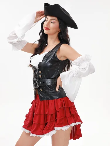 Vista 4 de Funna Disfraz de pirata para mujer, sexy, 5 piezas con sombrero, falda pirata, accesorios
