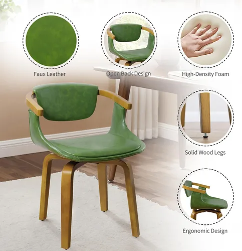 Vista 5 de Zouron Silla de escritorio sin ruedas, moderna silla de oficina de madera, silla de cuero sintético con brazo para sala de estar, dormitorio