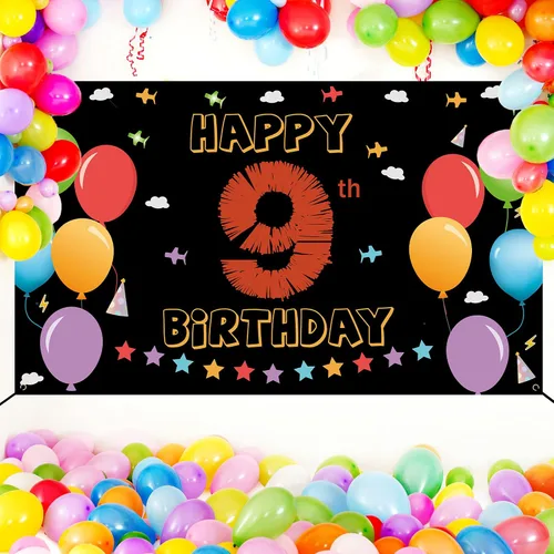 Vista 6 de Cartel de fondo de 9º cumpleaños, decoraciones de feliz 9º cumpleaños para niñas y niños, cartel de cumpleaños de 9 años, colorido fondo de fiesta