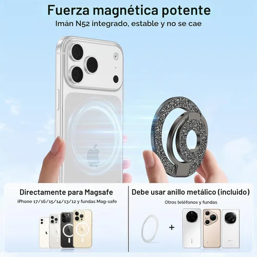 Vista 2 de Anillo magnético para teléfono MagSafe Grip, soporte magnético de doble cara para iPhone Air 17 16 16e 15 14 13 12 Pro Max Mini Plus, soporte