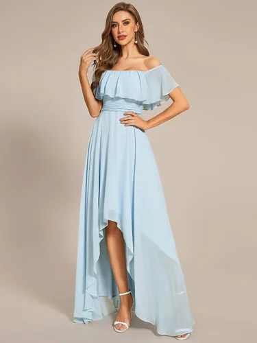 Vista 4 de Ever-Pretty Vestido formal de gasa para mujer, con hombros descubiertos, manga con volados, corte alto y bajo, para invitada de boda de verano 01736