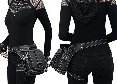Vista 5 de Riñonera gótica, punk, táctica, para exteriores, bicicleta, motocicleta, ciclismo, senderismo, riñonera para cadera/muslo, bolsa de hombro negra