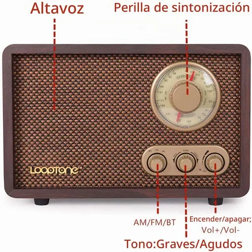 Vista 4 de LoopTone Radio FM AM Radio retro de madera con Bluetooth Play MP3 y antena integrada altavoz para cocina, sala de estar, café