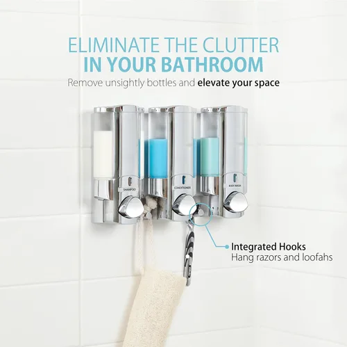 Vista 5 de Better Living Products 76345-1 Aviva, set de tres despachadores cromados. 3 Chamber, Wall Mount Shower Soap Pump Dispenser, Built-in Hooks, No