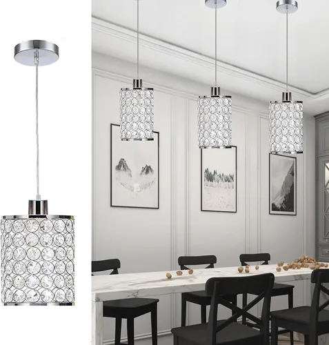 Vista 2 de Paquete de 3 lámparas colgantes de cristal, iluminación colgante de isla de cocina cromada, luces colgantes de techo con cable ajustable