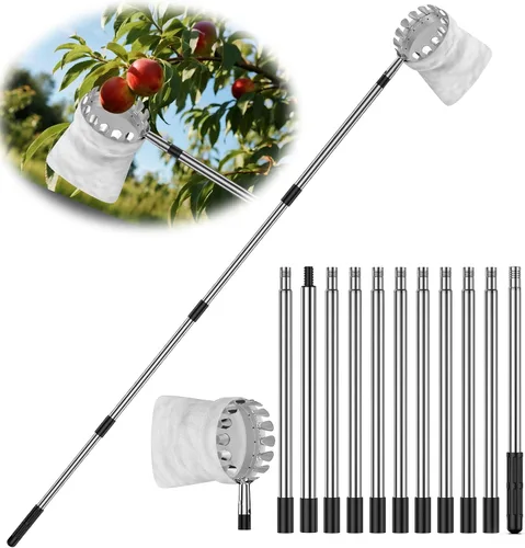 Vista 9 de BURMONG Herramienta recolectora de frutas de 6.6 pies con poste de acero inoxidable y cesta de tela suave, cosechadora ligera de frutas