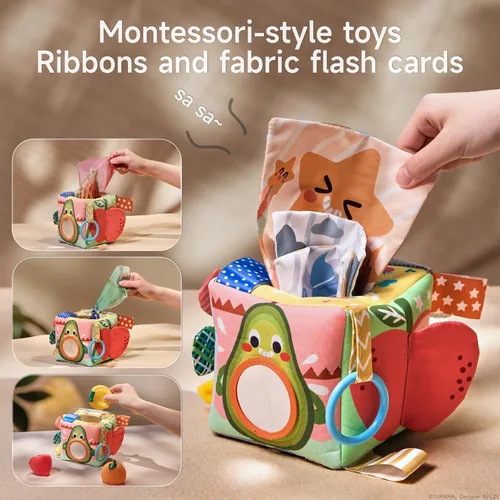 Vista 7 de TUMAMA - Caja de pañuelos para bebé, juguetes Montessori para bebés de 6 a 12 meses, juguetes sensoriales suaves y arrugados para bebés de 0 a 12