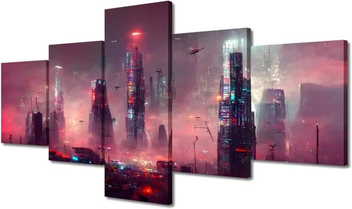 Vista 182 de Cuadros de 5 paneles de Cyberpunk City, arte de pared, representación de vallas publicitarias, edificios modernos en la capital con obras de arte