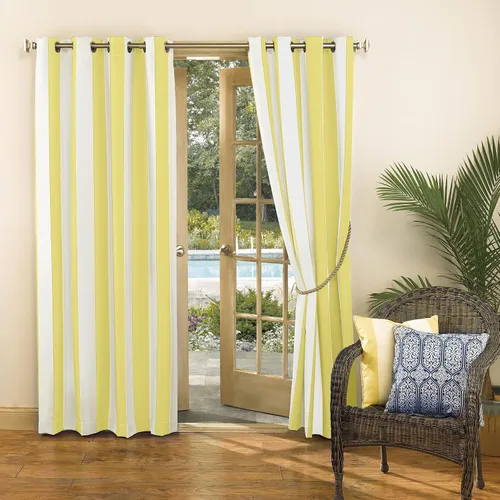 Vista 5 de Par de paneles de cortina con ojales Sun Zero Valencia estilo cabaña a rayas para interior/exterior con protección UV y eficiencia energética
