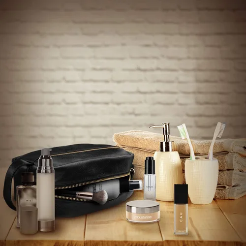 Vista 7 de Londo Neceser de viaje de cuero genuino, maquillaje, bolsa organizadora de afeitado - Kits Dopp - Unisex Negro