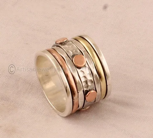Vista 4 de Spinner Silver Ring, Statement Silver Ring, Minimalist Silver Ring, 925 Silver Ring, Fidget Spinner Ring, Yoga Spinner Ring, Wide Band Rings