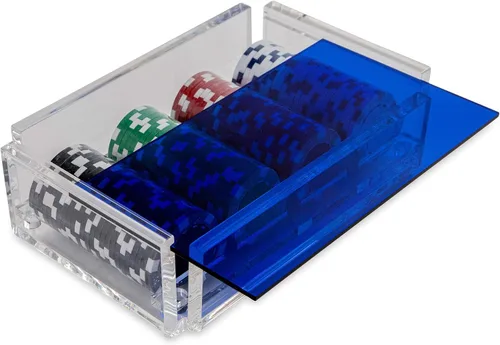Vista 3 de La Ficha - Juego de fichas de póquer, 100 fichas resistentes y resistentes, incluye 4 fichas de color para jugar, caja de acrílico hecha a mano