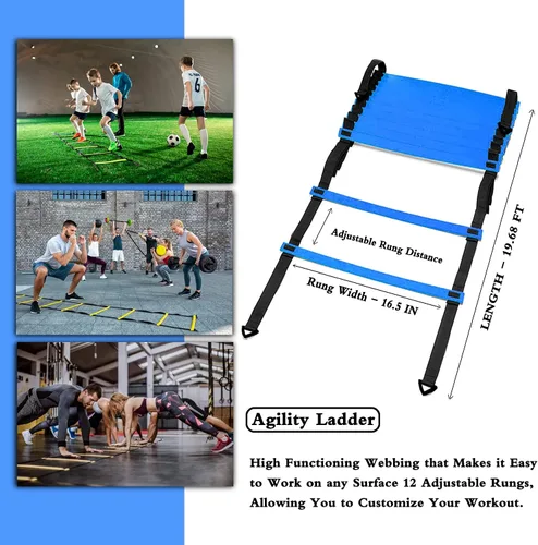 Vista 2 de Juego de entrenamiento de velocidad y agilidad, incluye 1 escalera de agilidad, 4 estacas de acero, 1 cinta para la cabeza deportiva, 1 cuerda