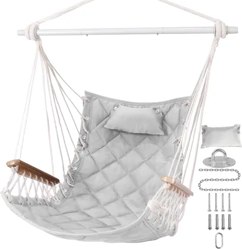 Vista 9 de Silla Hamaca Columpio Colgante con Reposabrazos de Madera; Barra Separadora de Acero, Almohadas, Kit de Herrajes Incluido; Tejido de Algodón; Hasta
