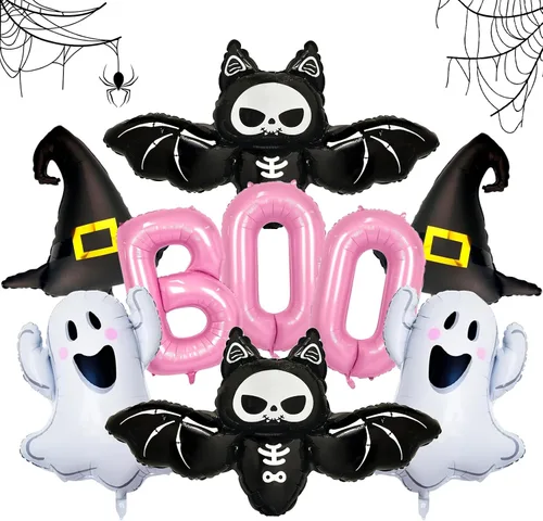 Vista 9 de Decoraciones de globos de Halloween, letras de abucheo negro, fantasma, murciélago, globo de lámina de araña para decoraciones de fiesta de Halloween