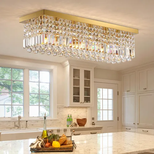 Vista 15 de Siljoy Candelabro de Cristal Moderno de 6 Luces Rectangular Dorado K9 Candelabro de Cristal en Forma de Gota de Lluvia para Comedor, Lámpara